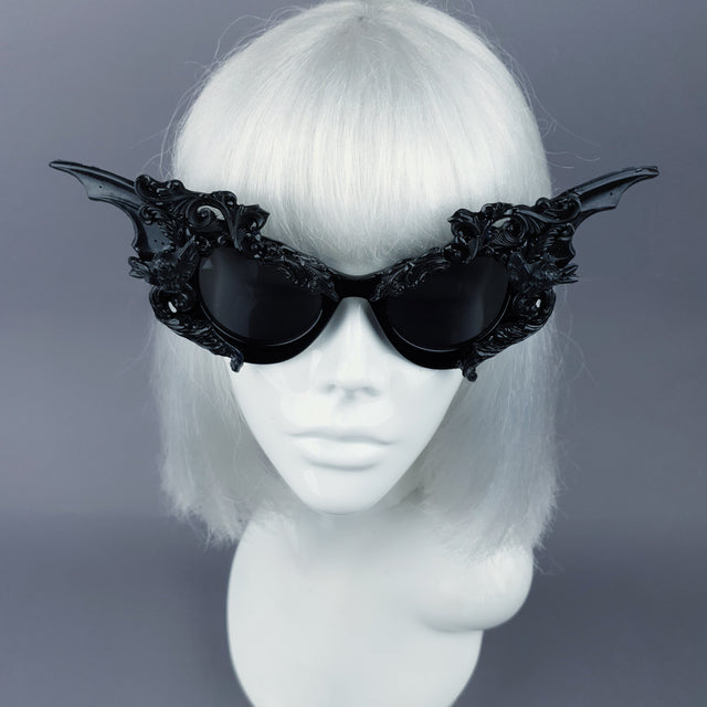 "Bathory" Black Filigree Ornate Bat Wing & Cherub Sunglasses