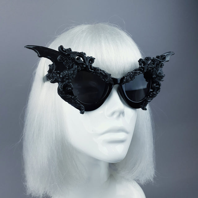 Pearls & Swine Black Filigree Ornate Bat Wing & Cherub Sunglasses "Bathory"