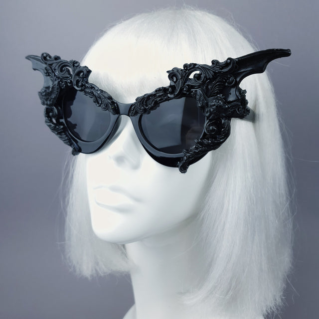 "Bathory" Black Filigree Ornate Bat Wing & Cherub Sunglasses