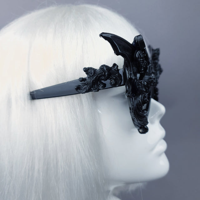 Pearls & Swine Black Filigree Ornate Bat Wing & Cherub Sunglasses "Bathory"