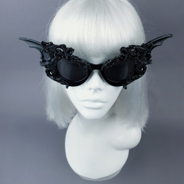 "Bathory" Black Filigree Ornate Bat Wing & Cherub Sunglasses