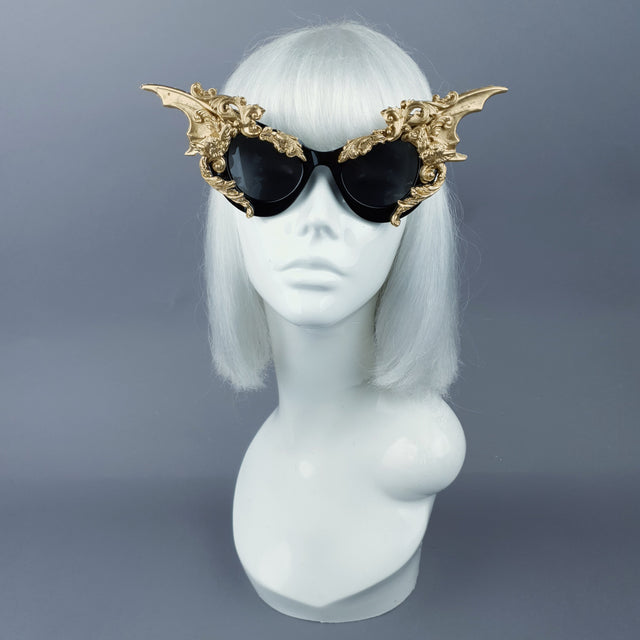 "Bathory" Black & Gold Filigree Ornate Bat Wing & Cherub Sunglasses