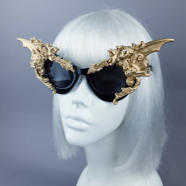 "Bathory" Black & Gold Filigree Ornate Bat Wing & Cherub Sunglasses