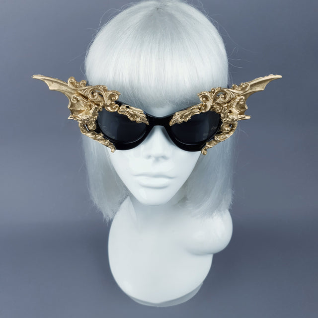 "Bathory" Black & Gold Filigree Ornate Bat Wing & Cherub Sunglasses