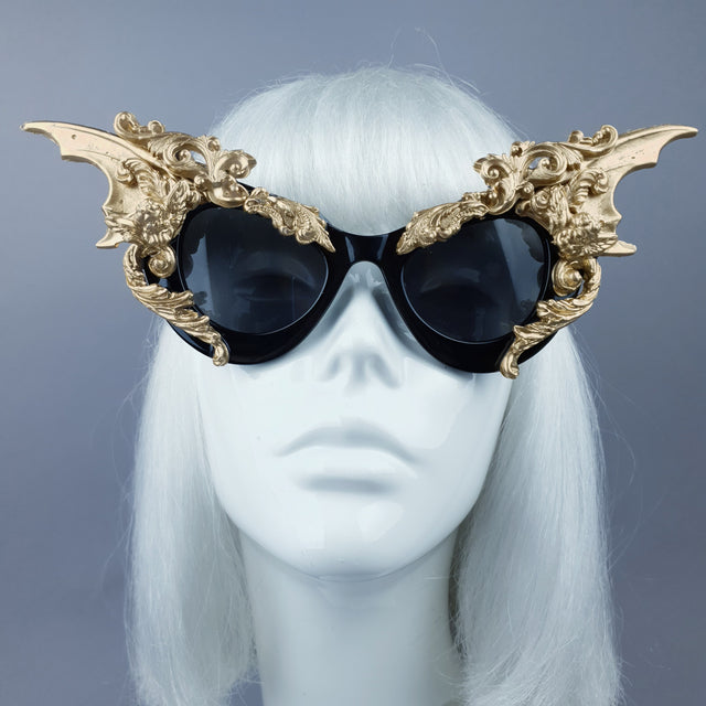 "Bathory" Black & Gold Filigree Ornate Bat Wing & Cherub Sunglasses