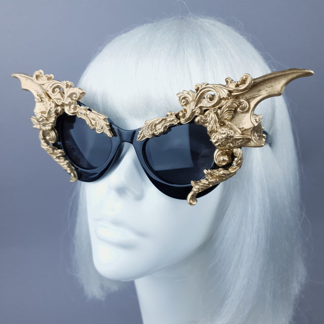 "Bathory" Black & Gold Filigree Ornate Bat Wing & Cherub Sunglasses