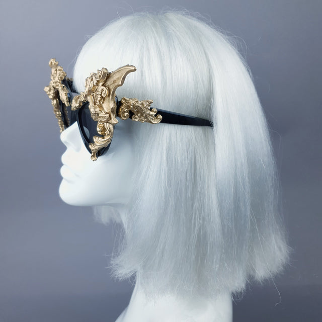 "Bathory" Black & Gold Filigree Ornate Bat Wing & Cherub Sunglasses