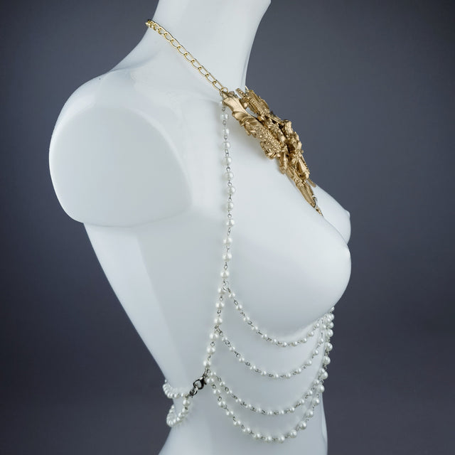 "Deianira" Gold Filigree & Pearl Ribcage Body Jewellery