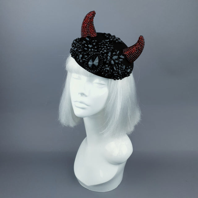 "Diosa del Amor" Black & Red Crystal Horns Bejewelled Fascinator Hat