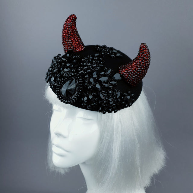 "Diosa del Amor" Black & Red Crystal Horns Bejewelled Fascinator Hat