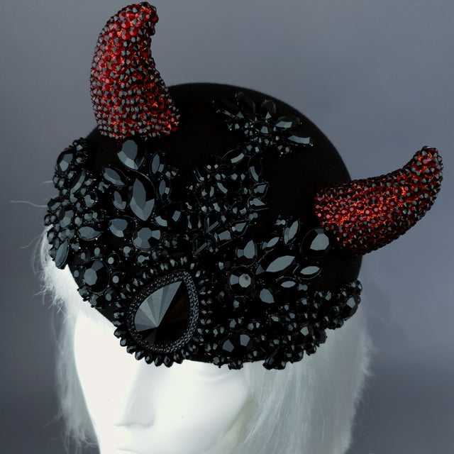"Diosa del Amor" Black & Red Crystal Horns Bejewelled Fascinator Hat