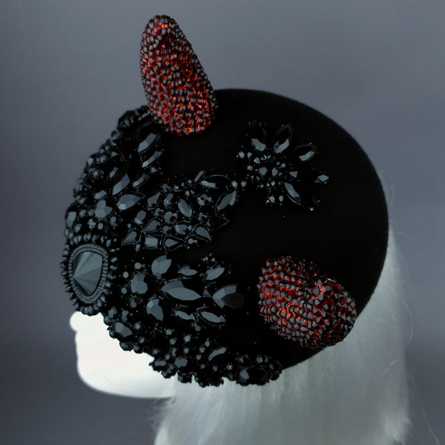 "Diosa del Amor" Black & Red Crystal Horns Bejewelled Fascinator Hat