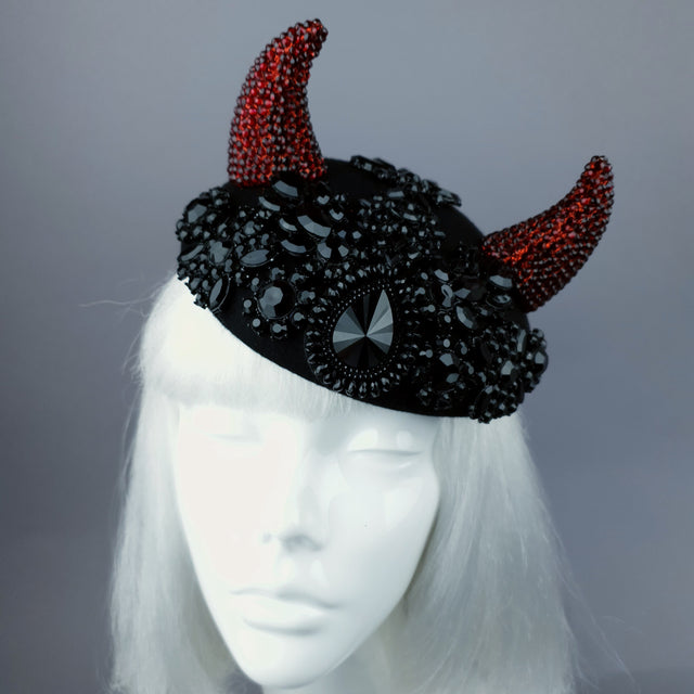 "Diosa del Amor" Black & Red Crystal Horns Bejewelled Fascinator Hat