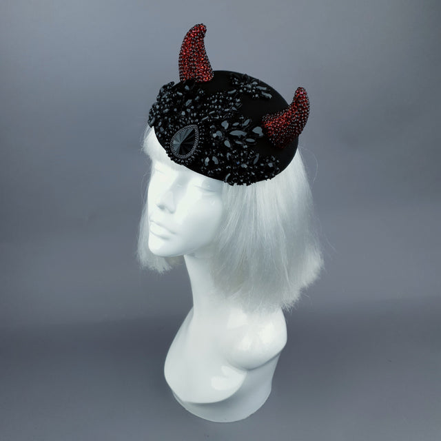 "Diosa del Amor" Black & Red Crystal Horns Bejewelled Fascinator Hat