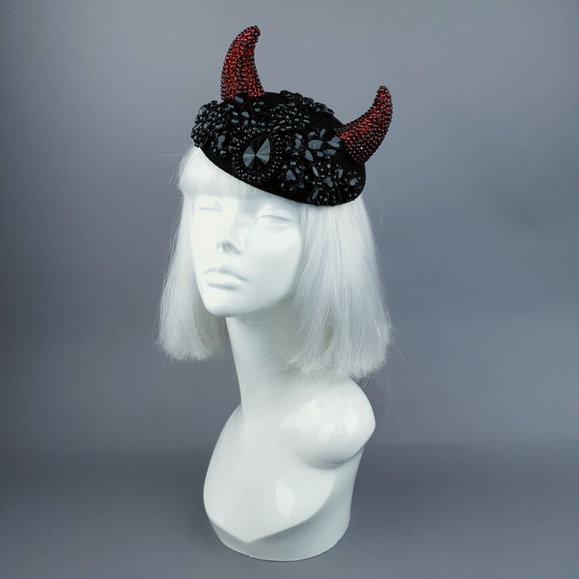"Diosa del Amor" Black & Red Crystal Horns Bejewelled Fascinator Hat