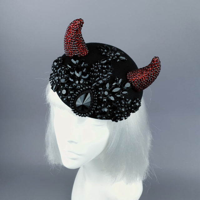 "Diosa del Amor" Black & Red Crystal Horns Bejewelled Fascinator Hat