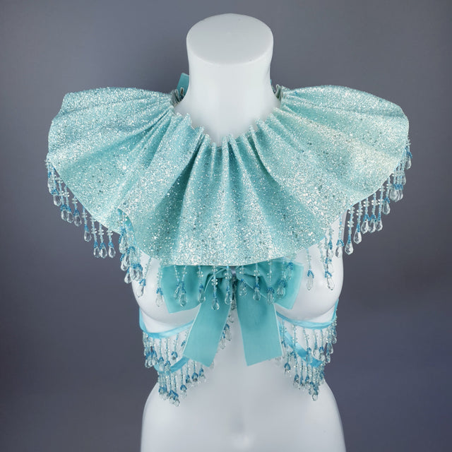 "Meri" Aqua Blue Glitter Clown Collar and Beading Neckpiece