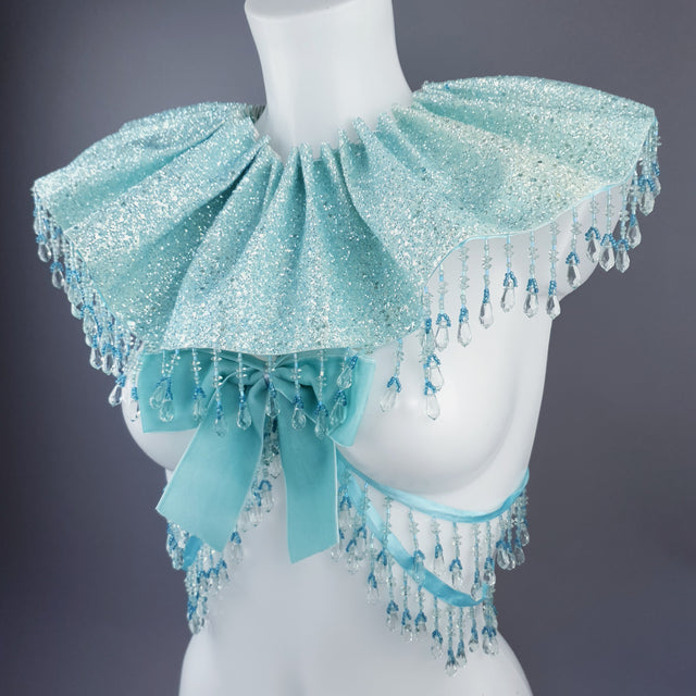 "Meri" Aqua Blue Glitter Clown Collar and Beading Neckpiece