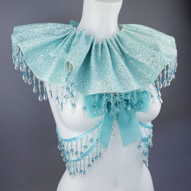 "Meri" Aqua Blue Glitter Clown Collar and Beading Neckpiece