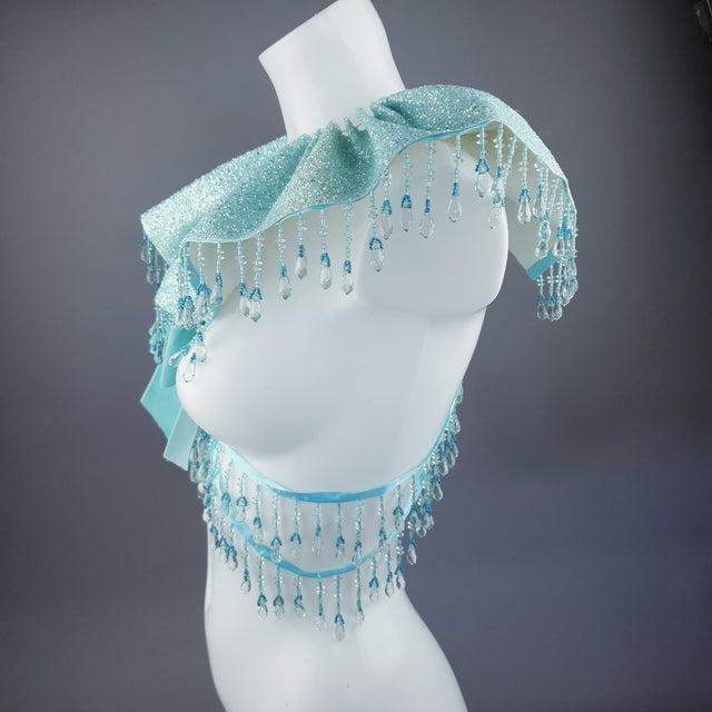 "Meri" Aqua Blue Glitter Clown Collar and Beading Neckpiece