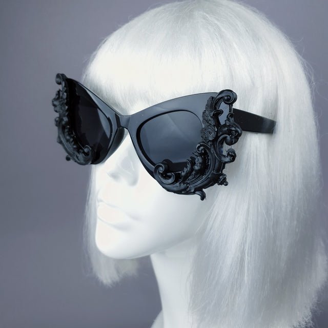 Pearls & Swine Black Filigree Cat Eye Sunglasses "Valencia"