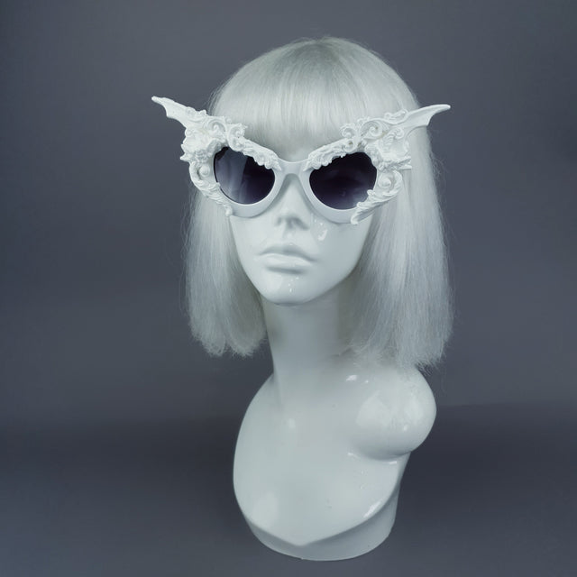 "Bathory" White Filigree Ornate Bat Wing & Cherub Sunglasses