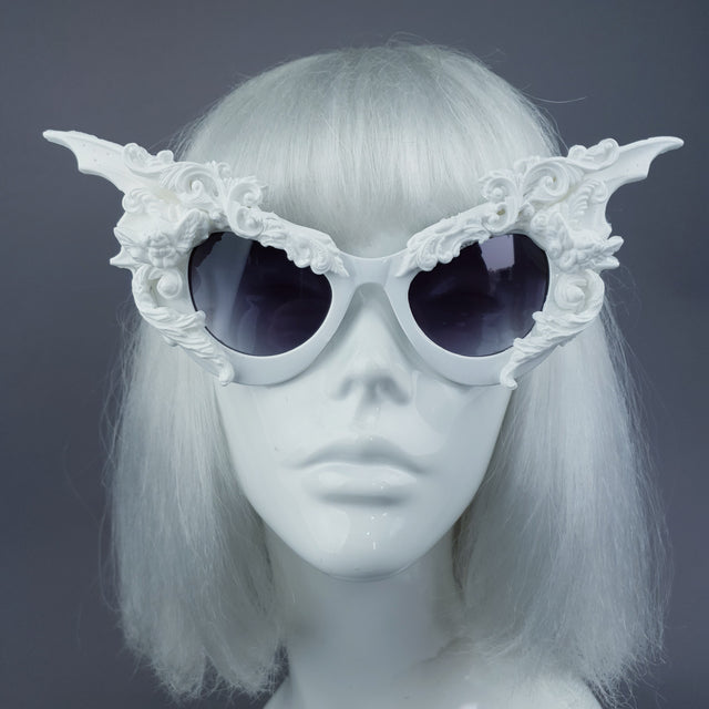 "Bathory" White Filigree Ornate Bat Wing & Cherub Sunglasses