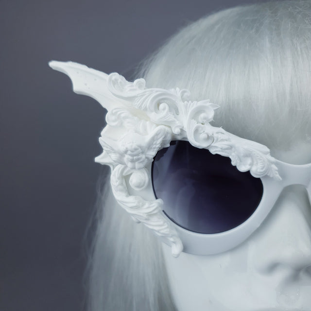 "Bathory" White Filigree Ornate Bat Wing & Cherub Sunglasses