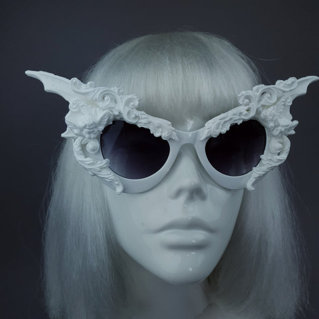 "Bathory" White Filigree Ornate Bat Wing & Cherub Sunglasses