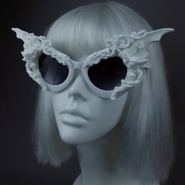 "Bathory" White Filigree Ornate Bat Wing & Cherub Sunglasses