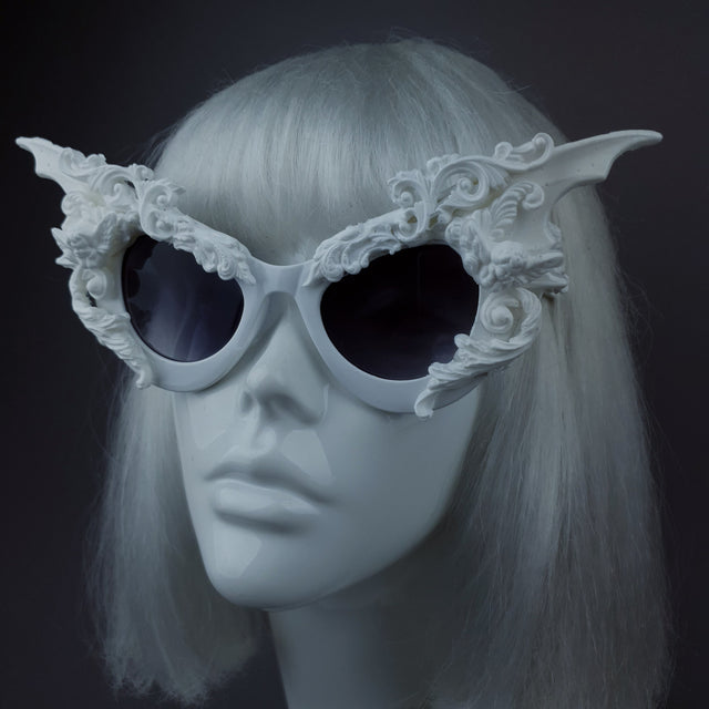 "Bathory" White Filigree Ornate Bat Wing & Cherub Sunglasses