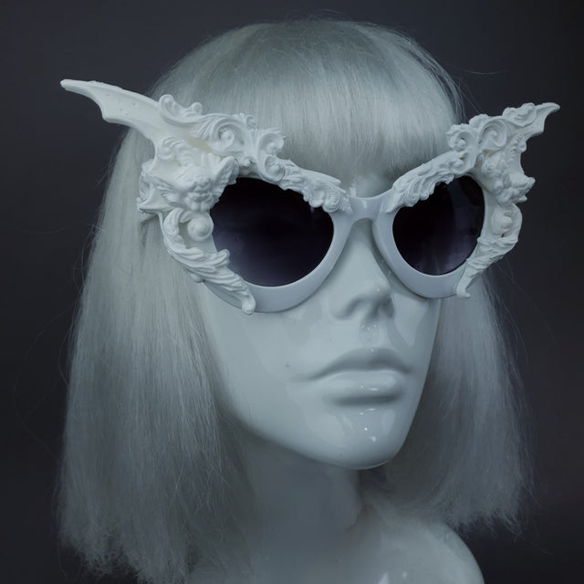 "Bathory" White Filigree Ornate Bat Wing & Cherub Sunglasses