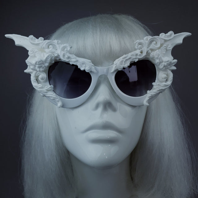 "Bathory" White Filigree Ornate Bat Wing & Cherub Sunglasses