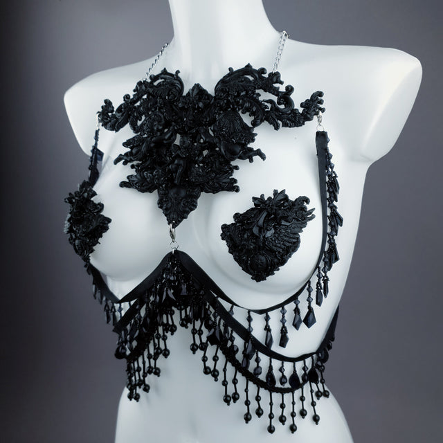 "Vanshni" Black Filigree Nipple Pasties & Beading Body Jewellery