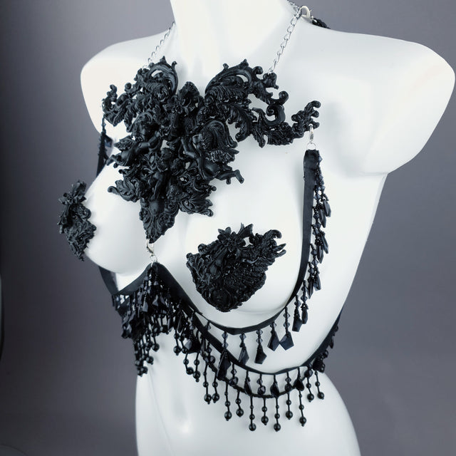 "Vanshni" Black Filigree Nipple Pasties & Beading Body Jewellery