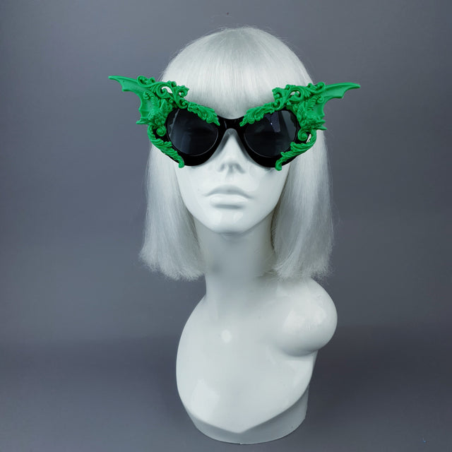 "Bathory" Black & Green Filigree Ornate Bat Wing & Cherub Sunglasses