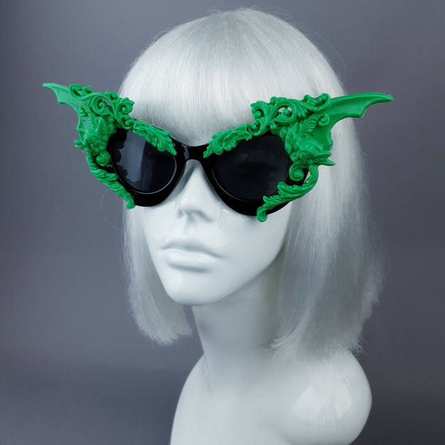 "Bathory" Black & Green Filigree Ornate Bat Wing & Cherub Sunglasses