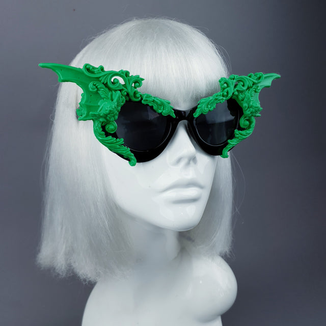 "Bathory" Black & Green Filigree Ornate Bat Wing & Cherub Sunglasses