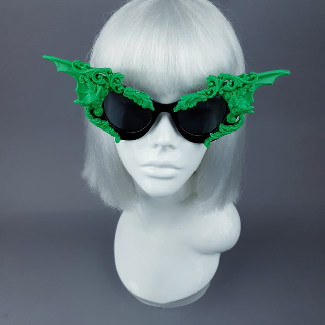 "Bathory" Black & Green Filigree Ornate Bat Wing & Cherub Sunglasses