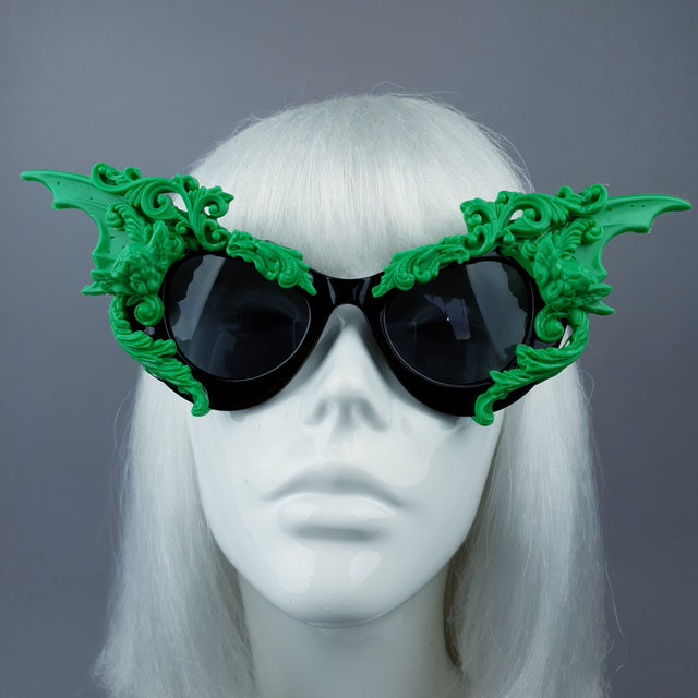 "Bathory" Black & Green Filigree Ornate Bat Wing & Cherub Sunglasses