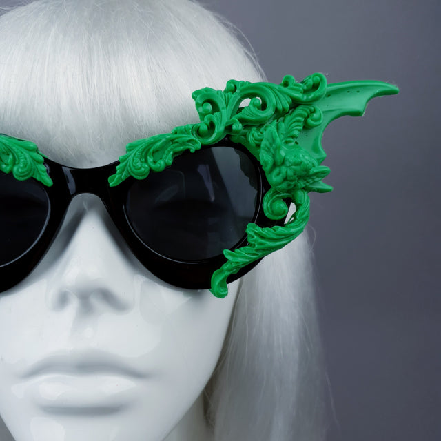 "Bathory" Black & Green Filigree Ornate Bat Wing & Cherub Sunglasses