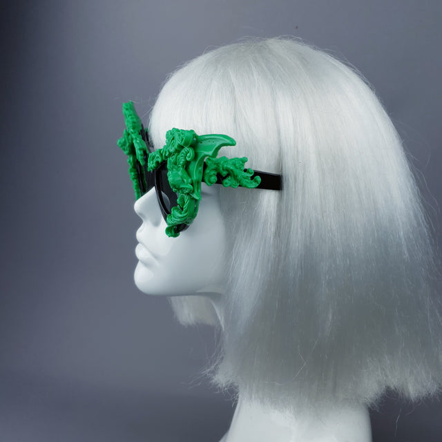 "Bathory" Black & Green Filigree Ornate Bat Wing & Cherub Sunglasses