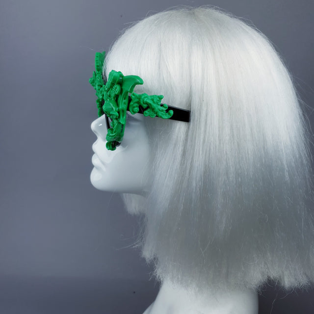 "Bathory" Black & Green Filigree Ornate Bat Wing & Cherub Sunglasses