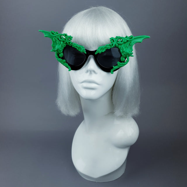 "Bathory" Black & Green Filigree Ornate Bat Wing & Cherub Sunglasses