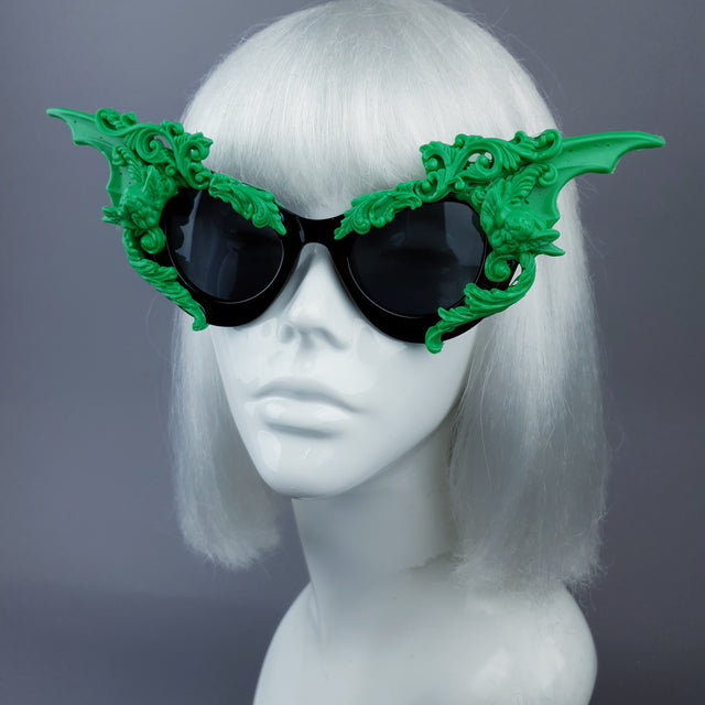 "Bathory" Black & Green Filigree Ornate Bat Wing & Cherub Sunglasses
