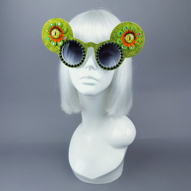 "Topo" Green Flower Eyes Glitter Mouse Ear Sunglasses