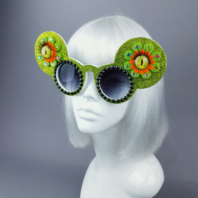 "Topo" Green Flower Eyes Glitter Mouse Ear Sunglasses