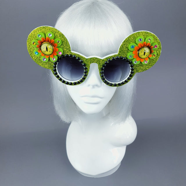 "Topo" Green Flower Eyes Glitter Mouse Ear Sunglasses