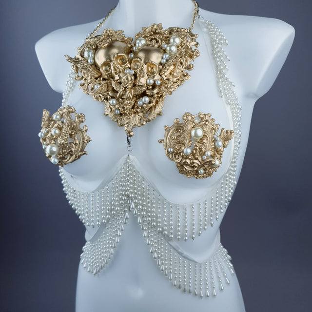 "Selene" Gold Filigree Skulls & Pearl Neckpiece