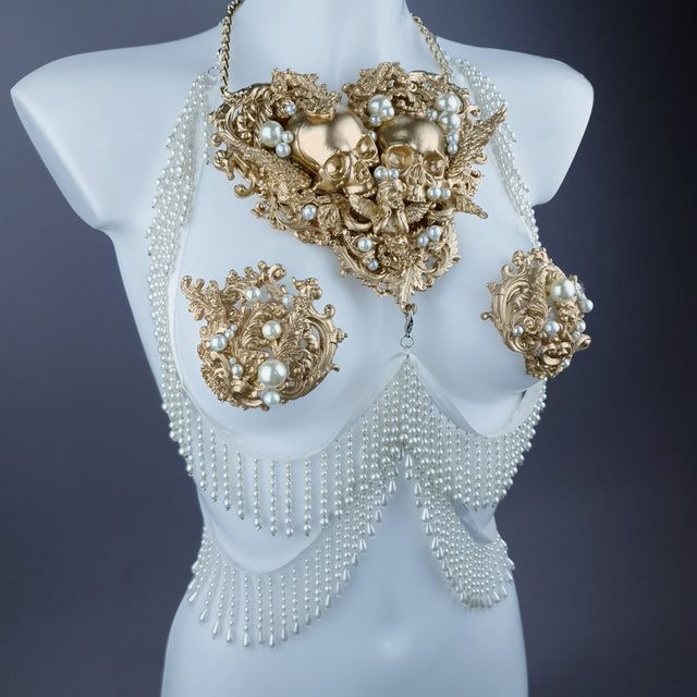 "Selene" Gold Filigree Skulls & Pearl Neckpiece